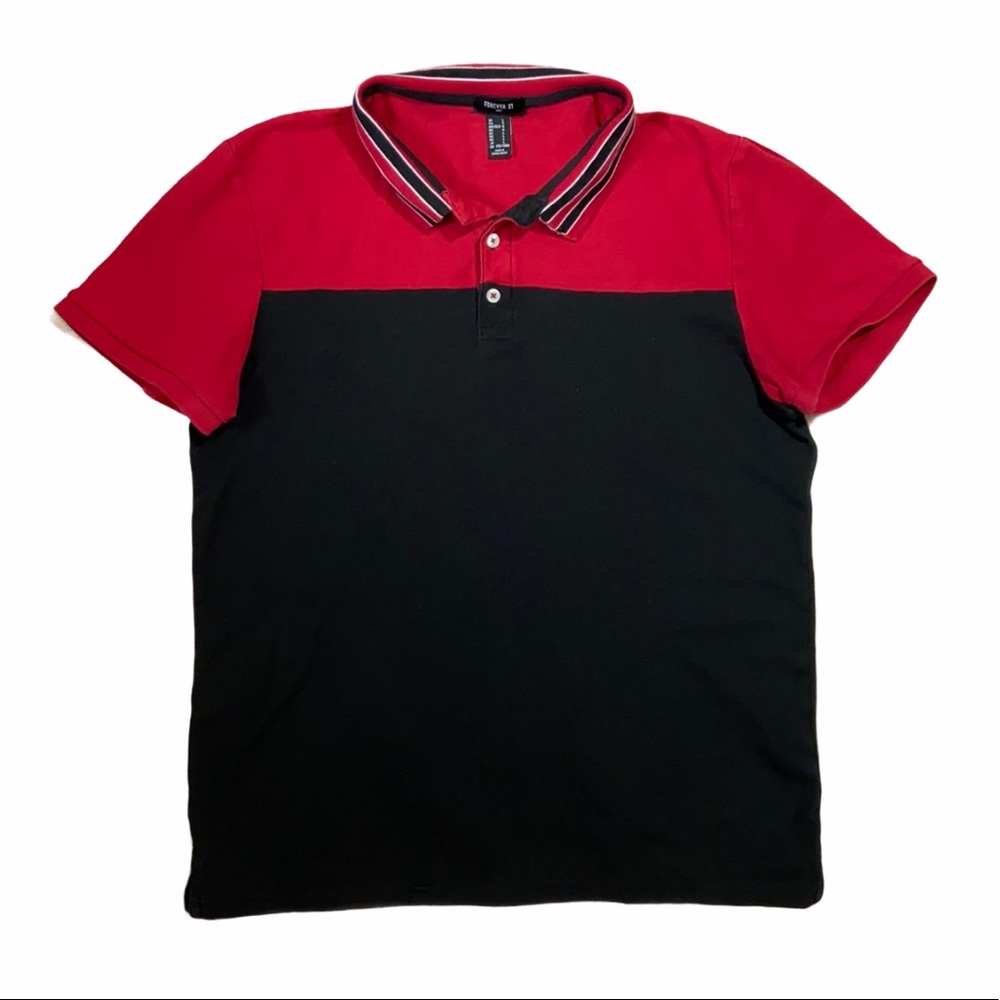 Forever 21 Men’s Black & Red Color Block Short Sleeve Polo Size Large